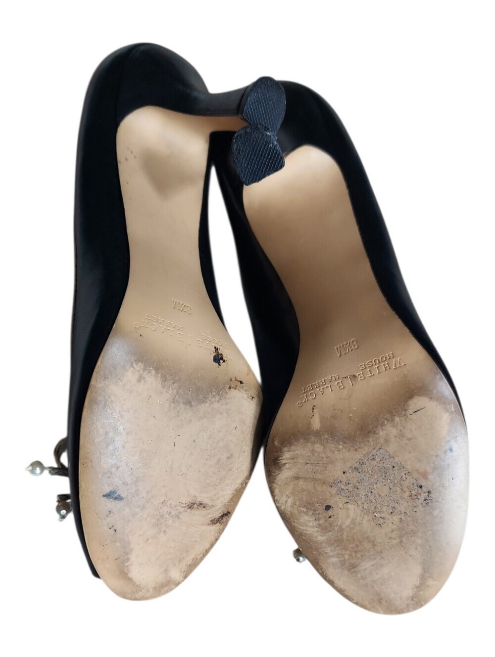 WHBM Black Cream Peep-Toe Tuxedo Pumps with Cream Pearl Bow Trim - Picture 10 of 10